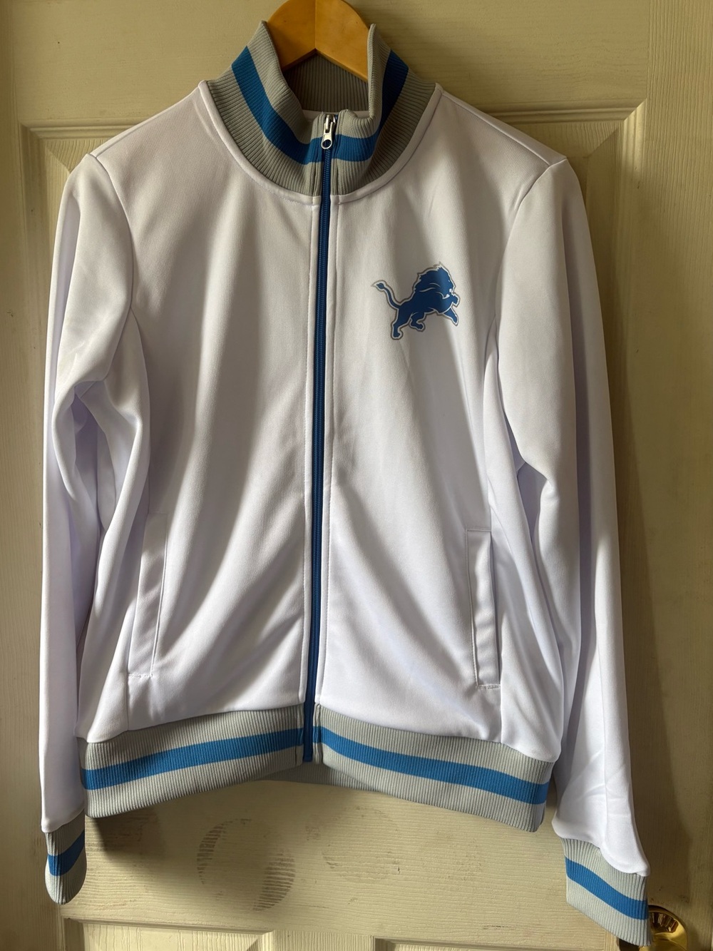 NFL White & Honolulu Blue Detroit Lions Track Jacket. Bedazzle Back